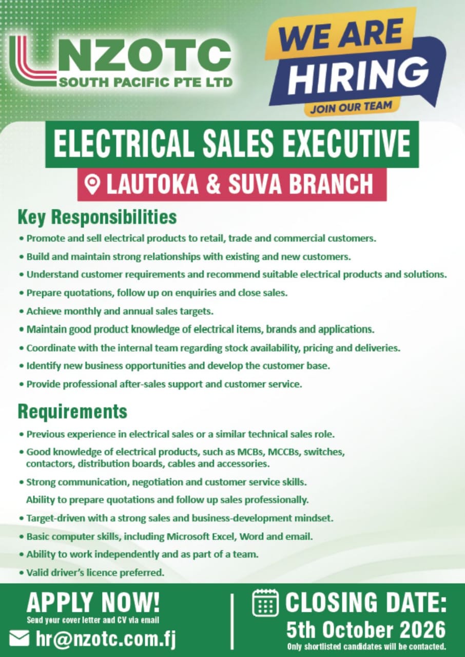 Electrical Sales Executive  at Pacific Islands Jobs Banner