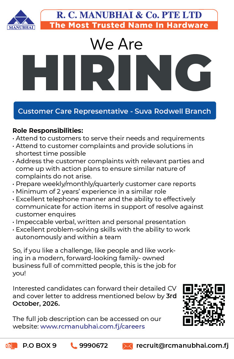 Customer Care Executive  at Pacific Islands Jobs Banner