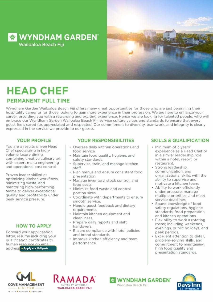 Head Chef  at Pacific Islands Jobs Banner