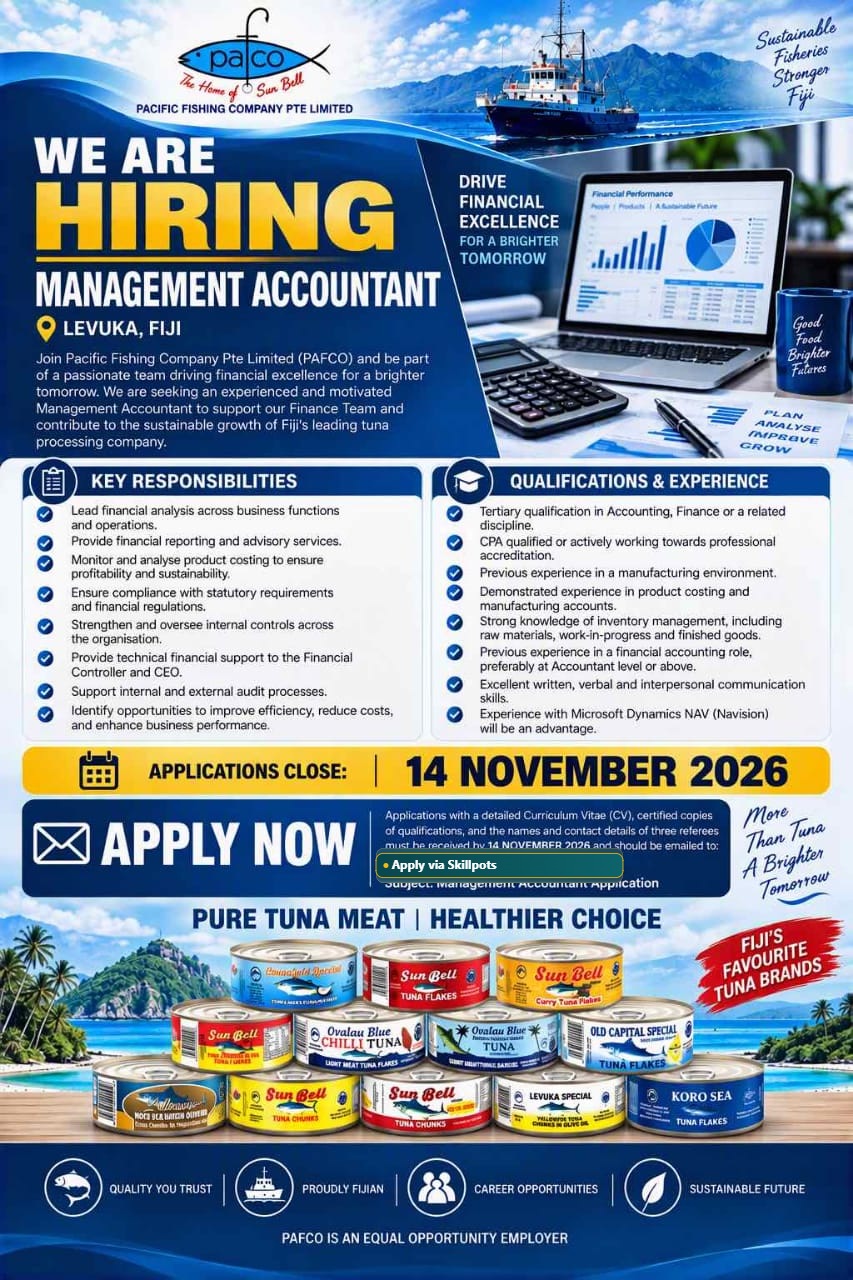 Management Accountant  at Pacific Islands Jobs Banner