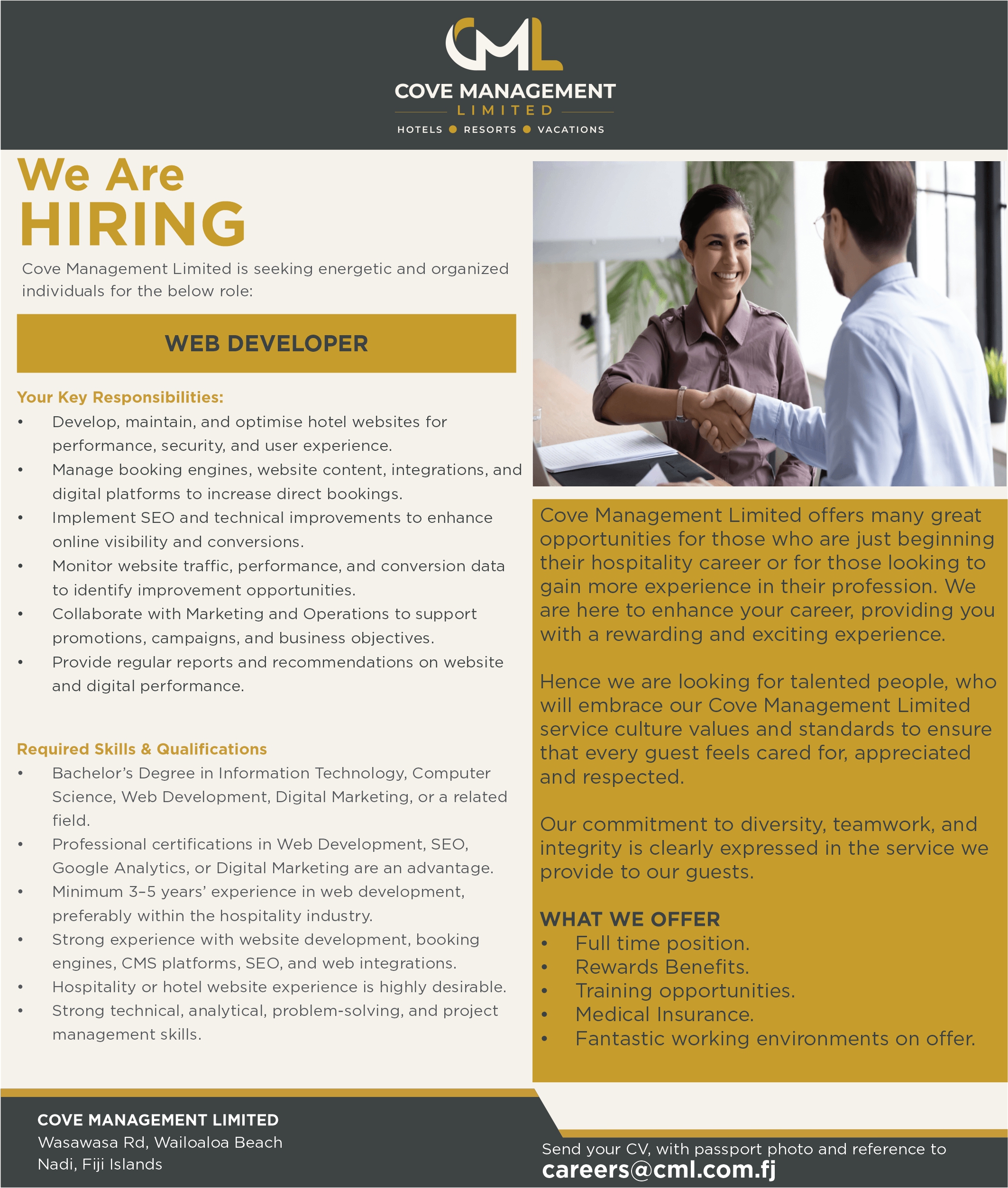 Web Developer at Cove Management Limited Banner