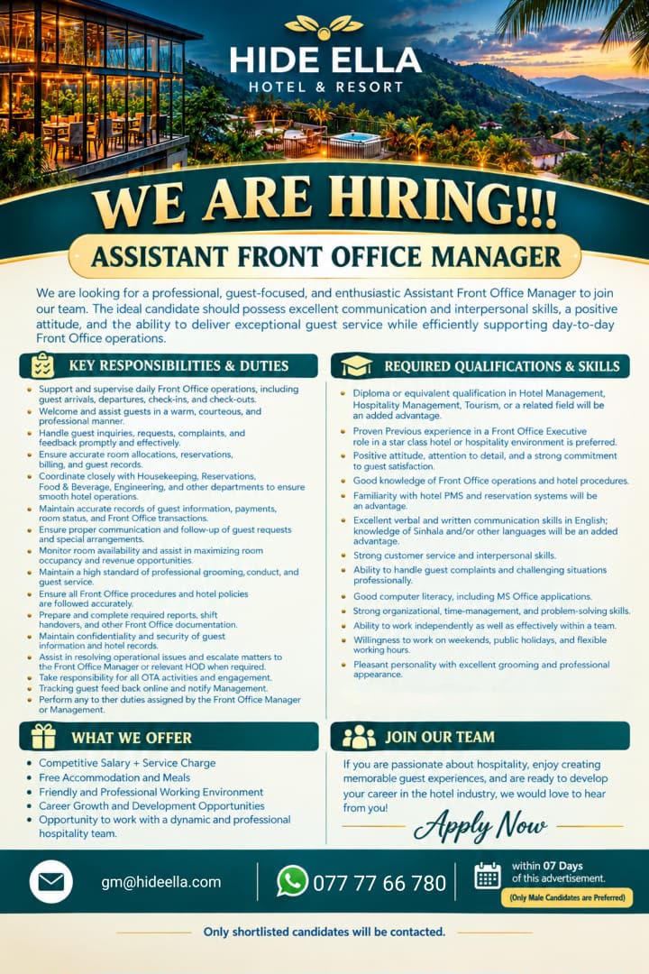 Assistant Front Office Manager  at Hide Ella Hotel & Resort  Banner