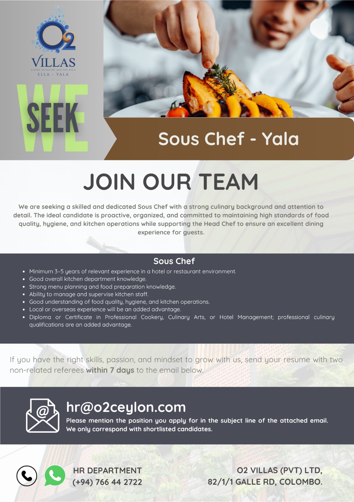 Sous Chef - Yala at O2 Villas Banner