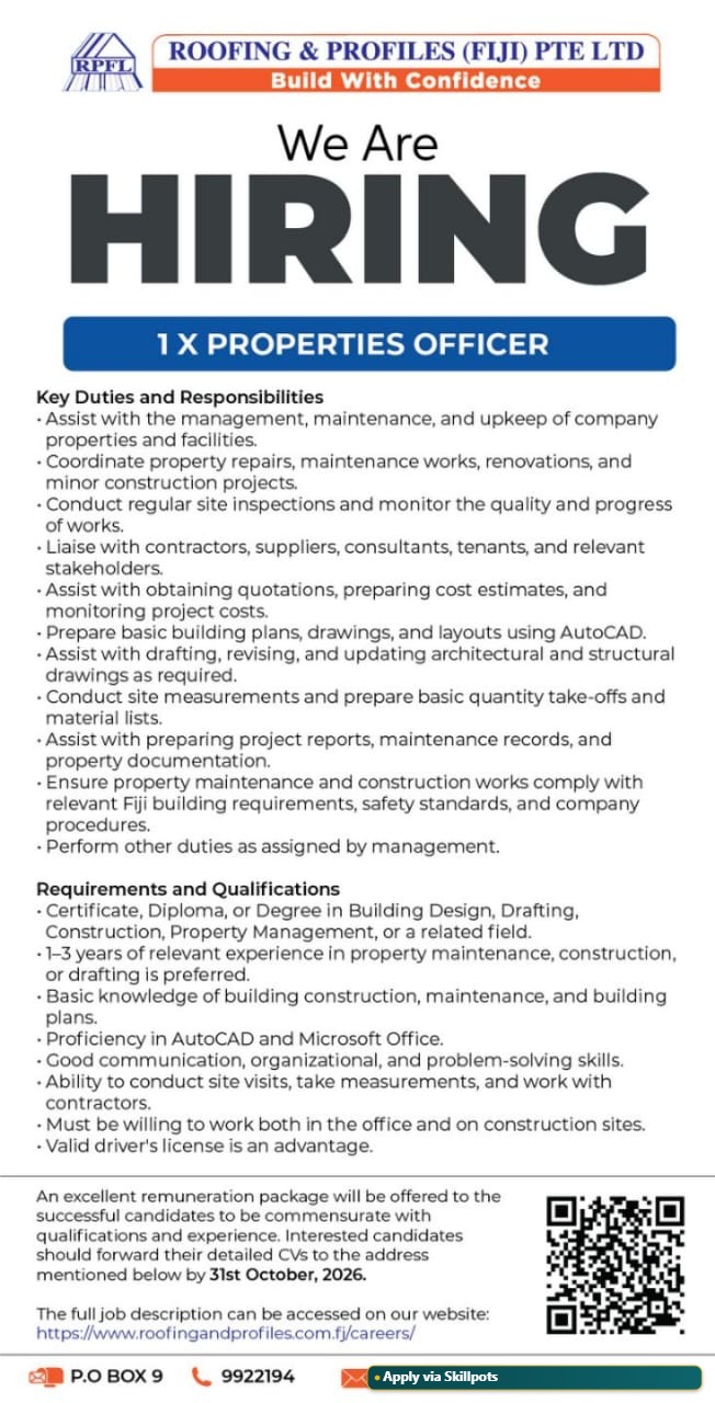 Properties Officer at Pacific Islands Jobs Banner
