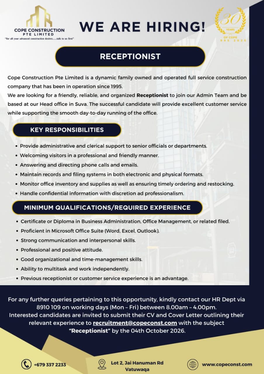 Receptionist at Pacific Islands Jobs Banner