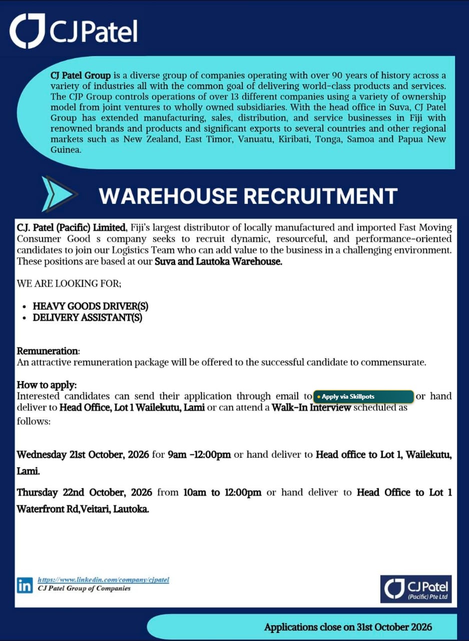 Warehouse Recruitment  at Pacific Islands Jobs Banner