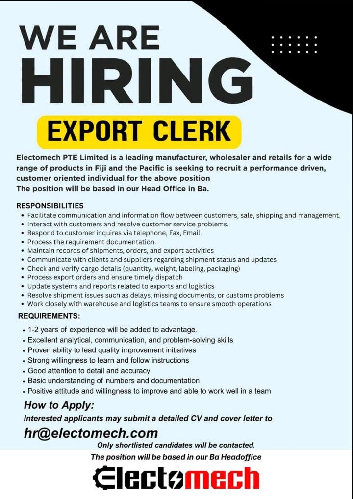 Export Clerk  at Pacific Islands Jobs Banner