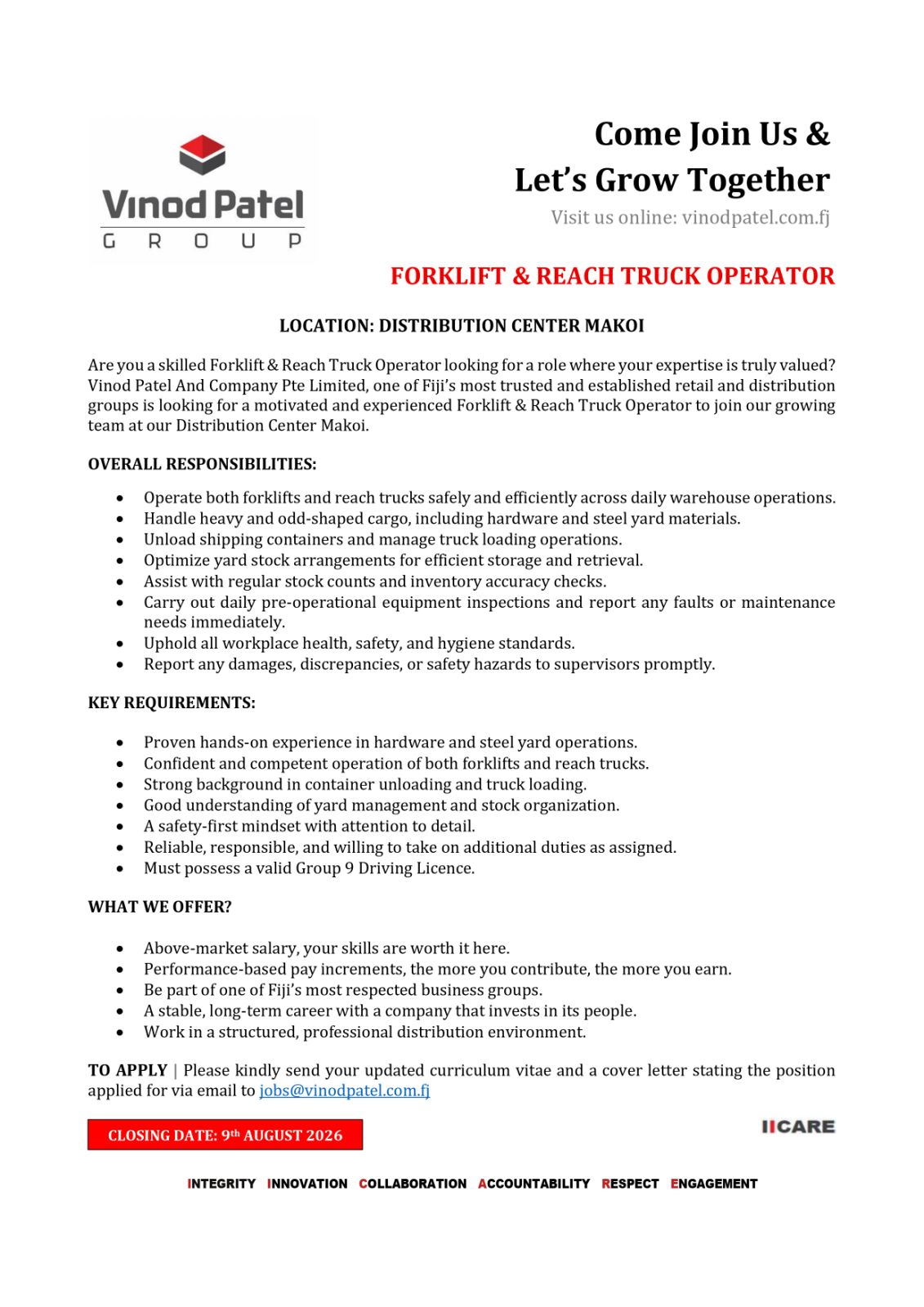 FORKLIFT & REACH TRUCK OPERATOR at Pacific Islands Jobs Banner