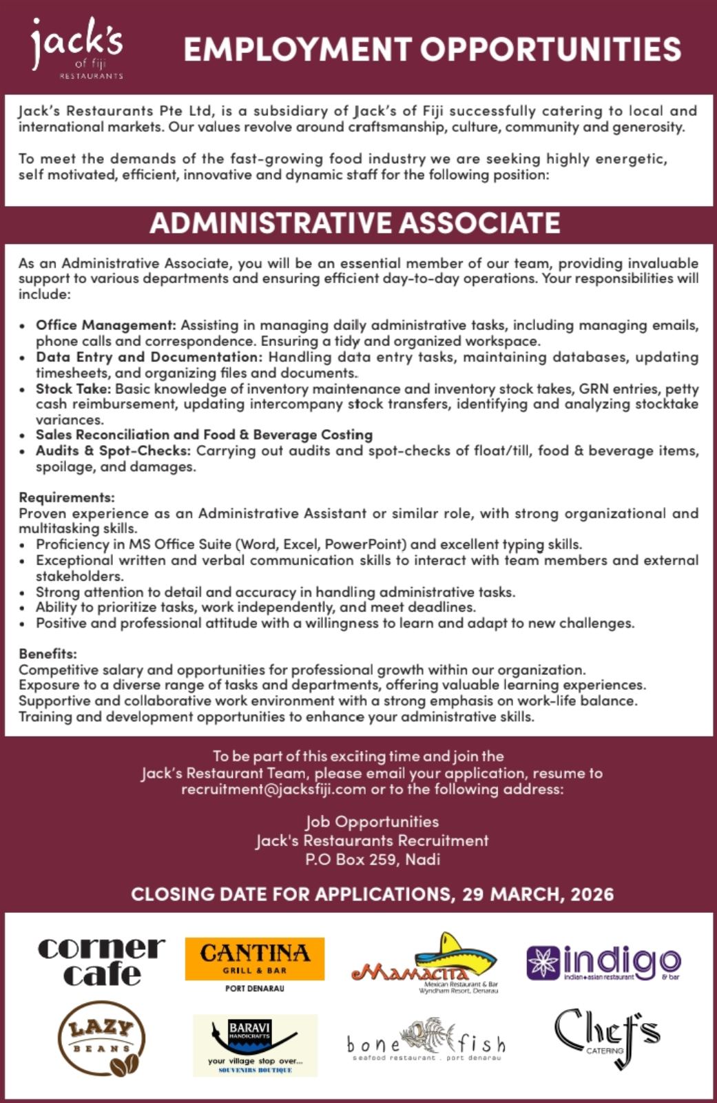 Jack's Group- Restaurant-Administrative Associates  at Pacific Islands Jobs Banner