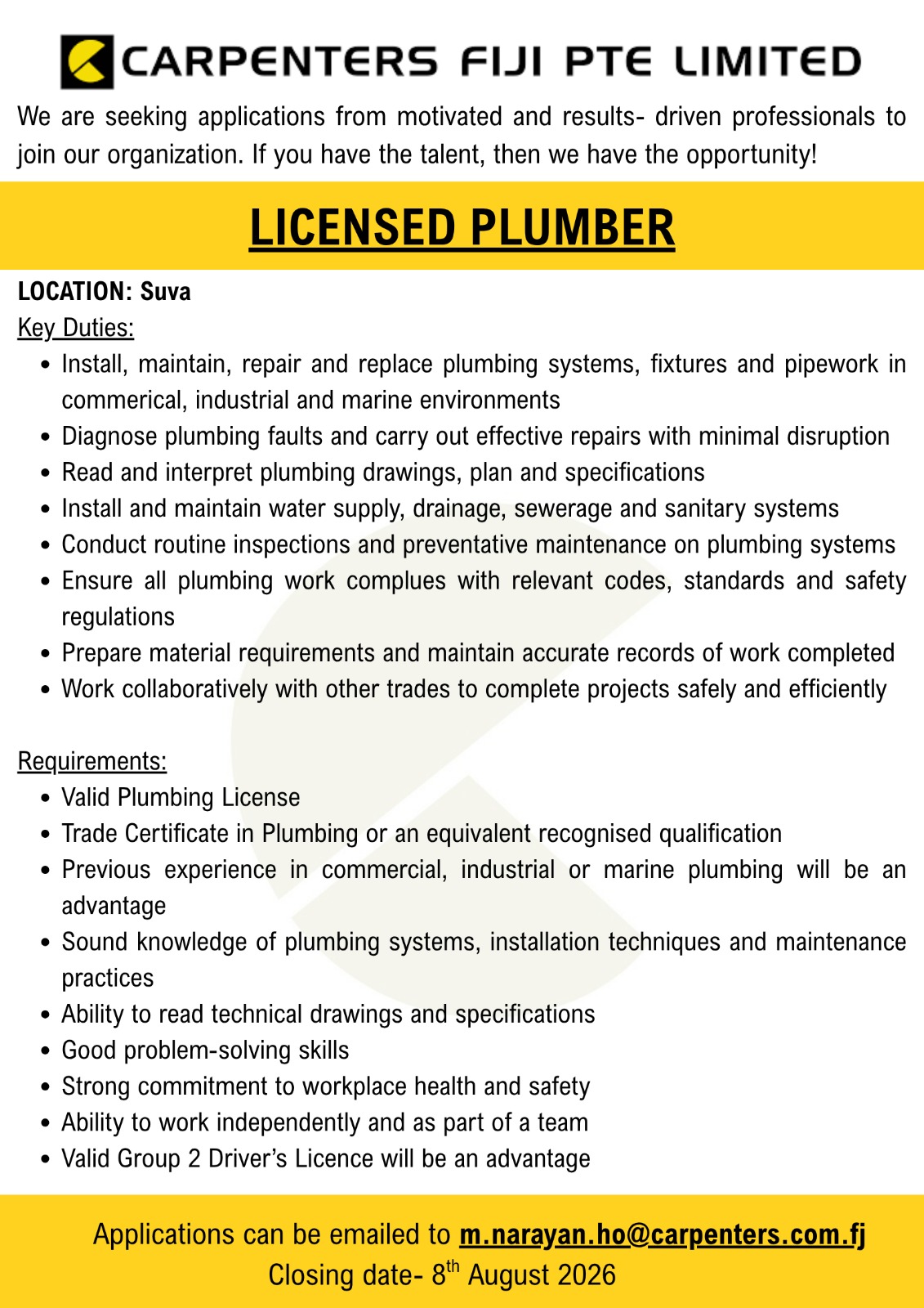 LINCENSED PLUMBER at Pacific Islands Jobs Banner