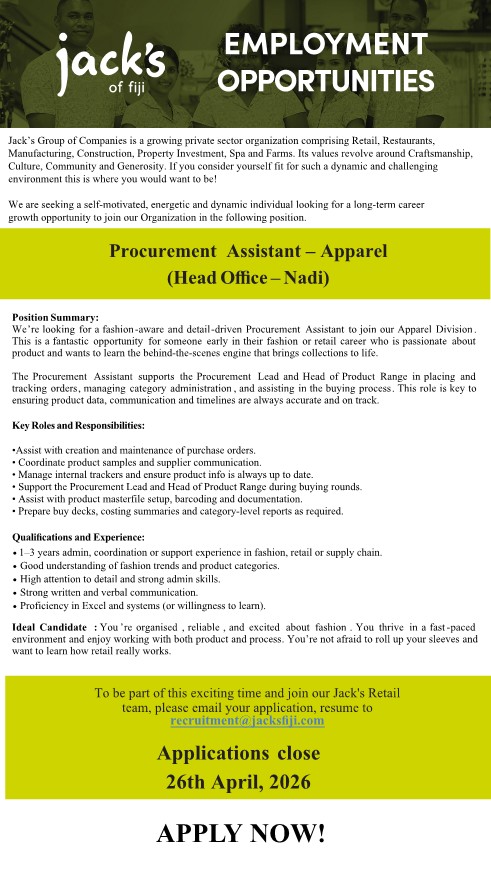 Procurement Assistant-Apparel -Jack's Group at Pacific Islands Jobs Banner