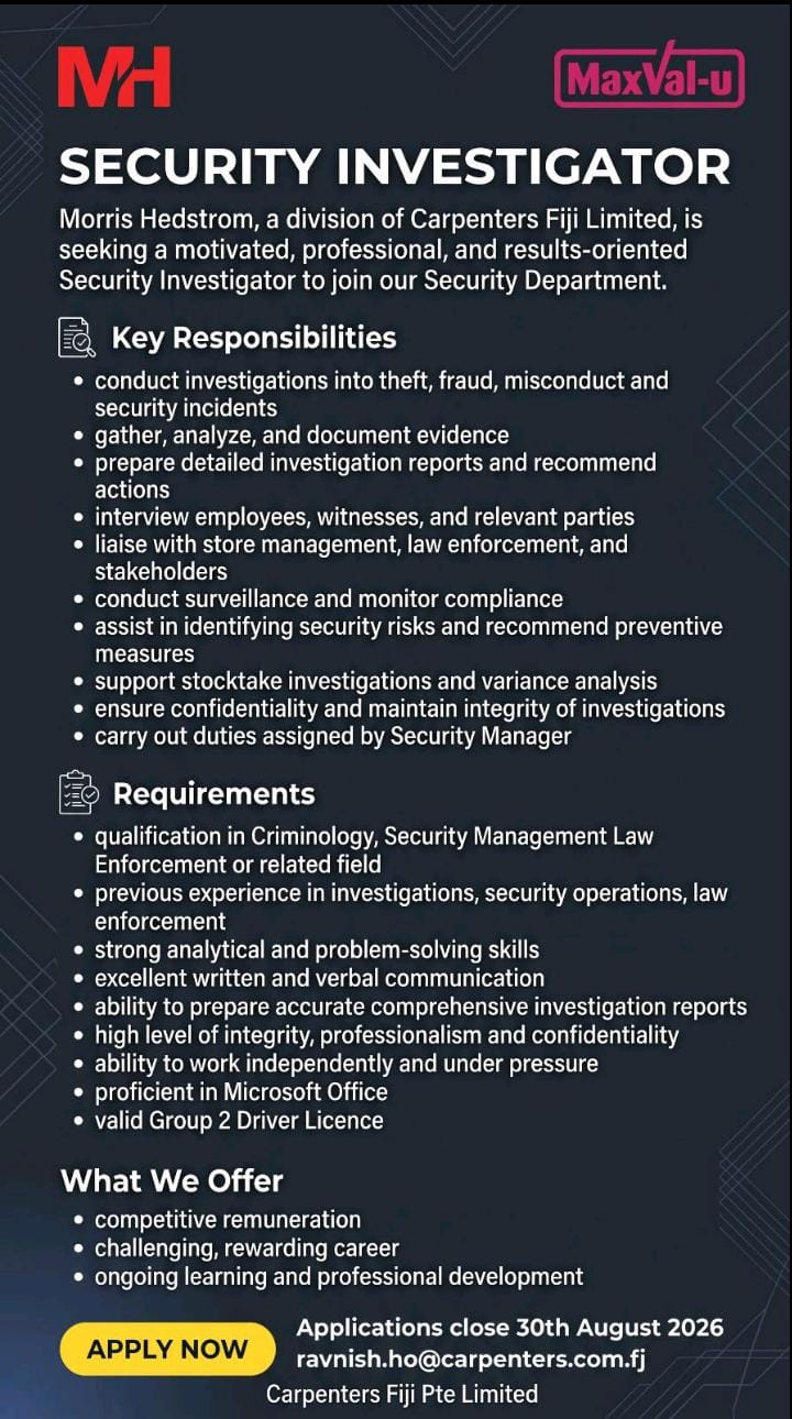 Security Investigator at Pacific Islands Jobs Banner