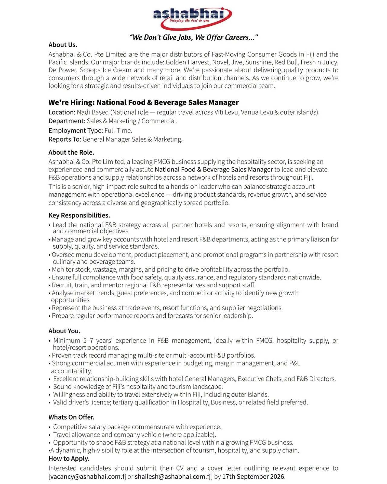 National Food & Beverage Sales Manager  at Pacific Islands Jobs Banner